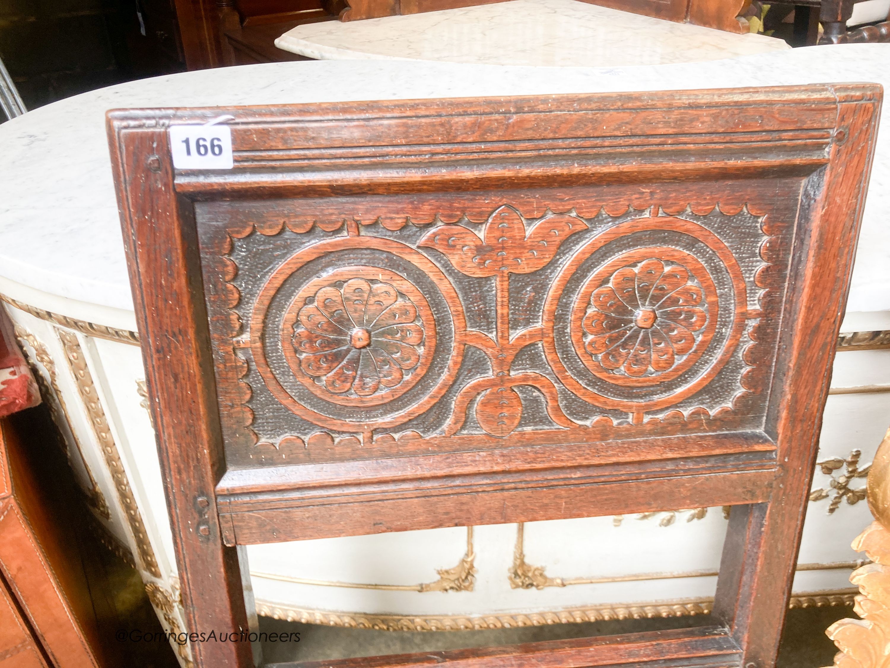 A late 17th century oak back stool, length 46cm, depth 38cm, height 91cm